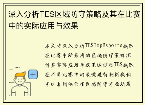深入分析TES区域防守策略及其在比赛中的实际应用与效果